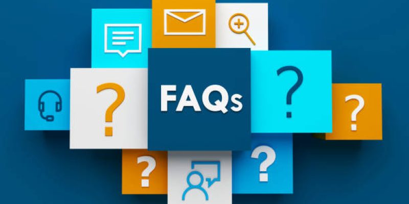3D render of top view of FAQs business concept with symbols on colorful cubes on dark blue background